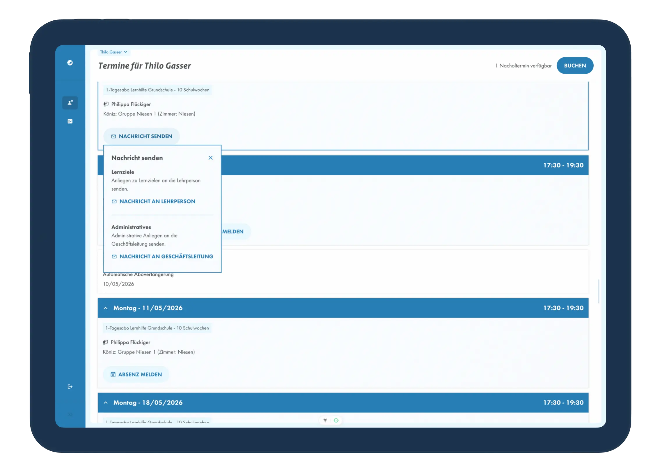 Screenshots des Kontaktmöglichkeiten für Eltern