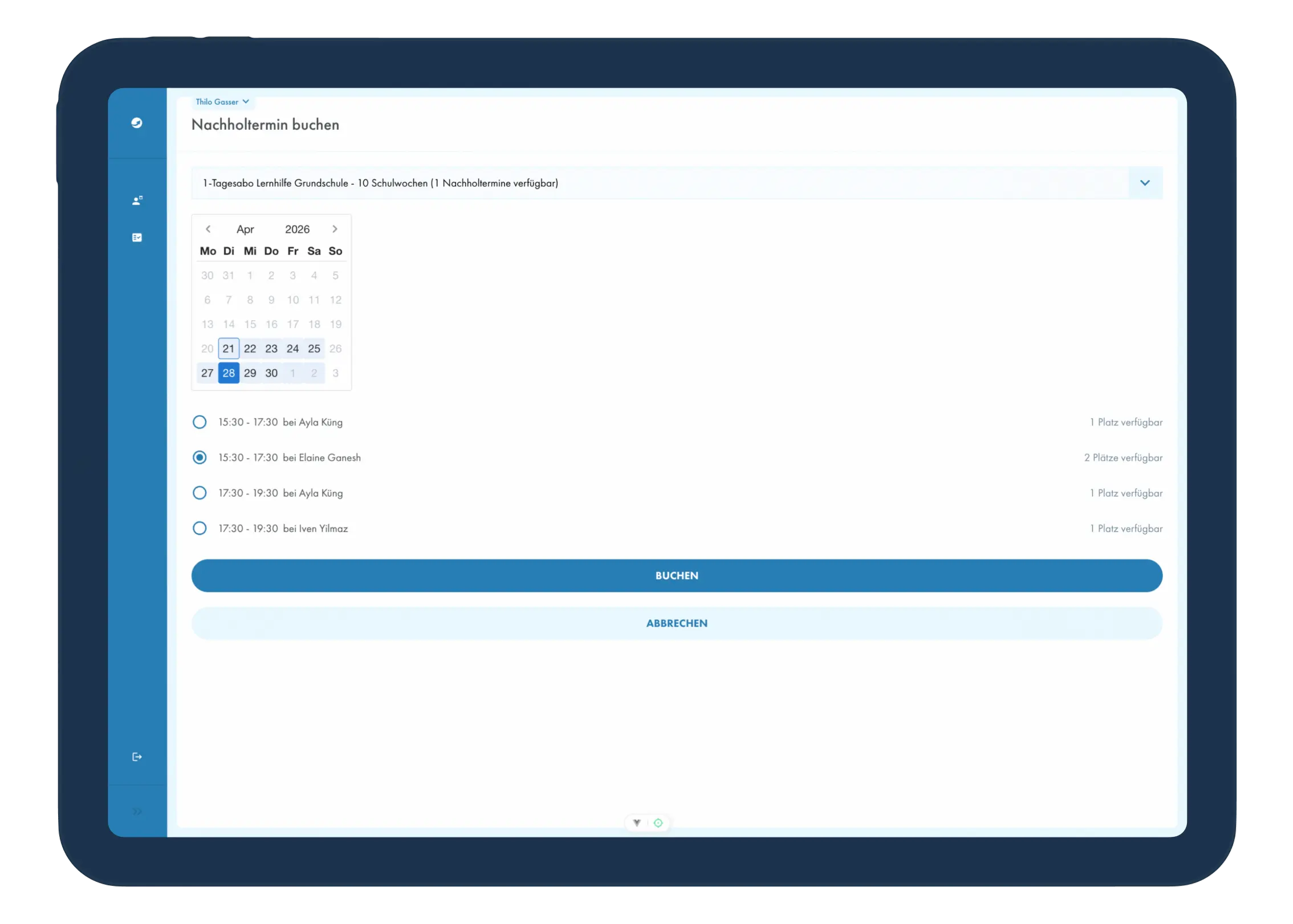 Screenshots des Nachholtermin Buchungsformular für Eltern
