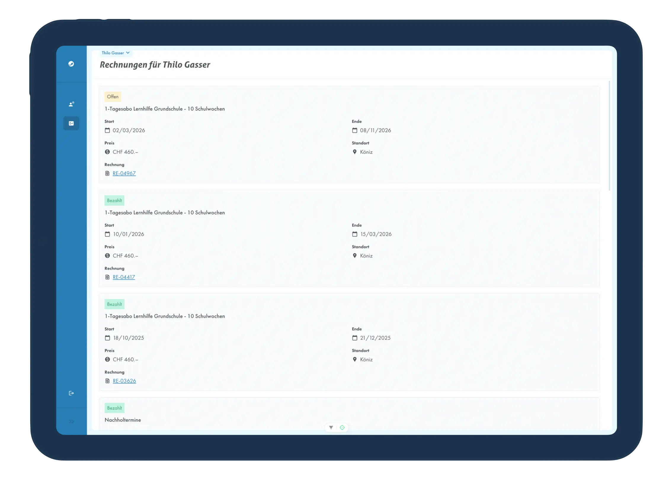 Screenshots des Rechnungsübersicht für Eltern